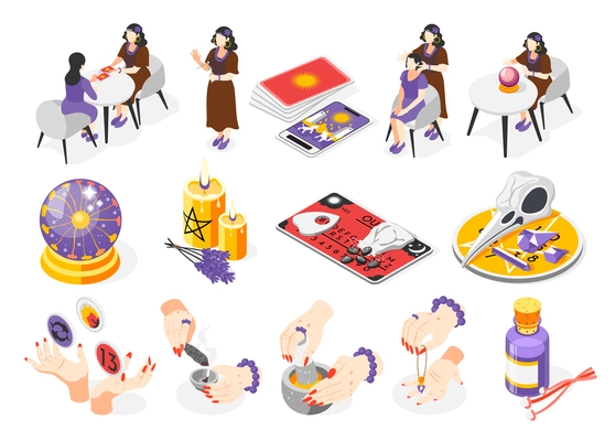 Magical services isometric set of recolor icons with isolated fortune teller characters oracle cards and hands vector illustration