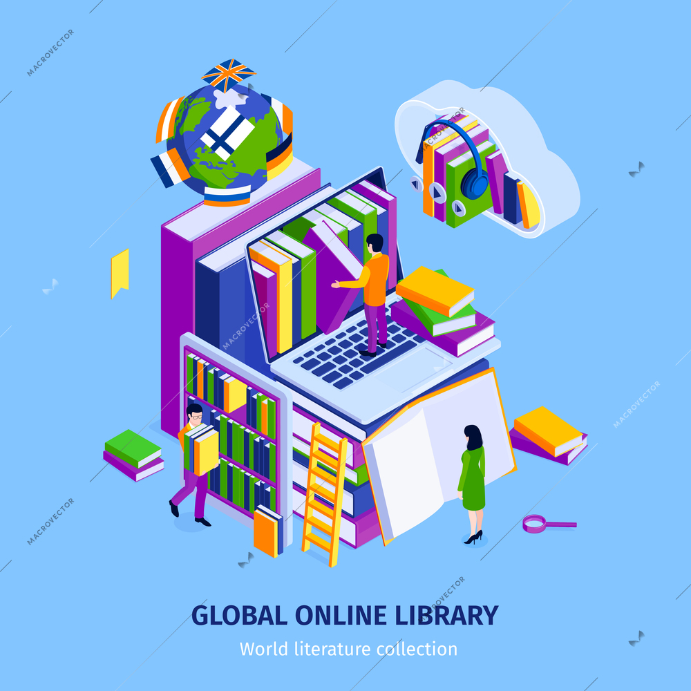 Global online library advertising isometric poster with virtual bookshelves users reading choosing books on laptop vector illustration