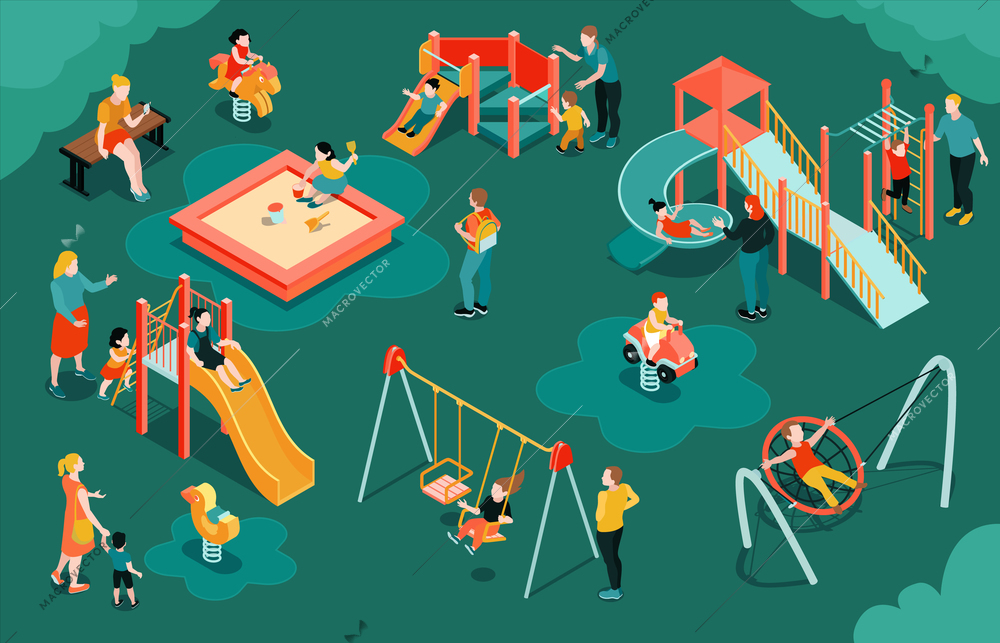 Isometric playground composition with outdoor scenery parents with kids and play equipment slide swing and sandpit vector illustration