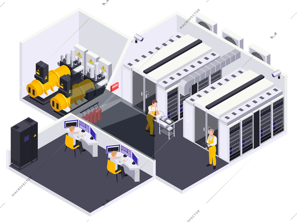 Data center facility interior isometric view with  computer network equipment server racks employees operators technicians vector illustration