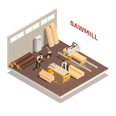 Isometric composition with two lumberjacks sawing logs at sawmill 3d vector illustration