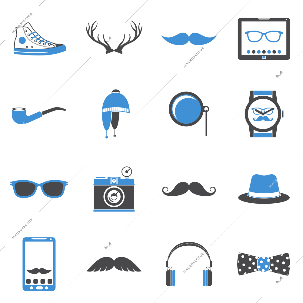 Hipster geek urban fashion elements and accessories icons set vector illustration