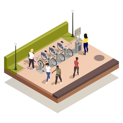 Woman using bike rental station with interactive interface in street 3d isometric composition vector illustration