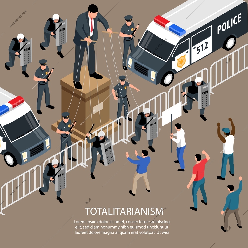 Isometric political systems square background with text and view of rebels clashes with police as puppets vector illustration