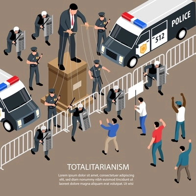 Isometric political systems square background with text and view of rebels clashes with police as puppets vector illustration