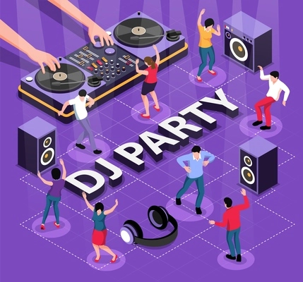 Isometric dj flowchart composition with characters of dancers icons of loudspeakers and hands of disk jockey vector illustration