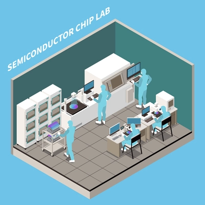 Semiconductor chip production isometric composition with text and indoor view of laboratory with workers and machinery vector illustration