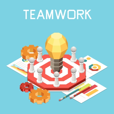 Project management isometric composition with text and icons of lamp gear and target symbol with graphs vector illustration