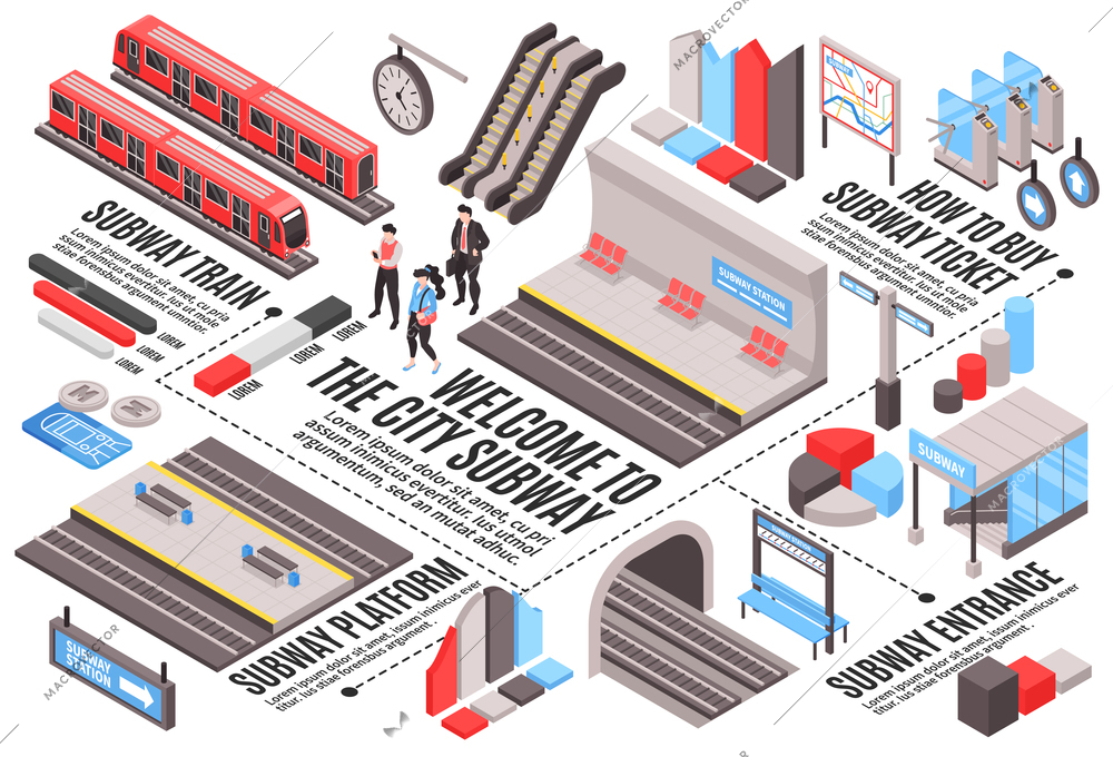 Isometric metro subway horizontal composition with charts graph elements and icons of trains and station platforms vector illustration