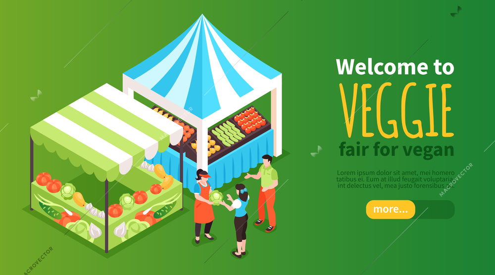 Isometric food courts fair horizontal banner with images of market stalls selling fruits vegetables with text vector illustration