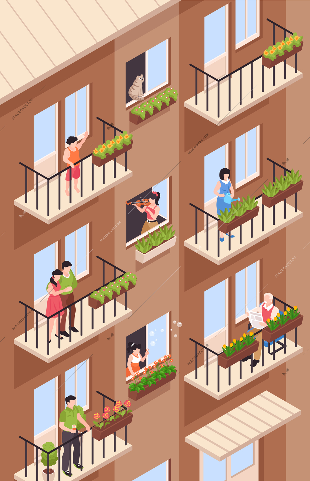 Isometric neighbors composition with view of high rise apartment house with balconies and characters of neighbours vector illustration