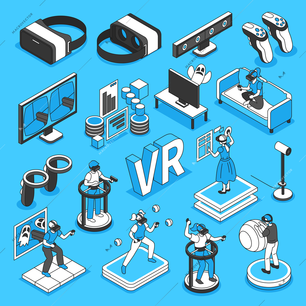 Virtual reality icons set with VR recreation symbols isometric isolated vector illustration