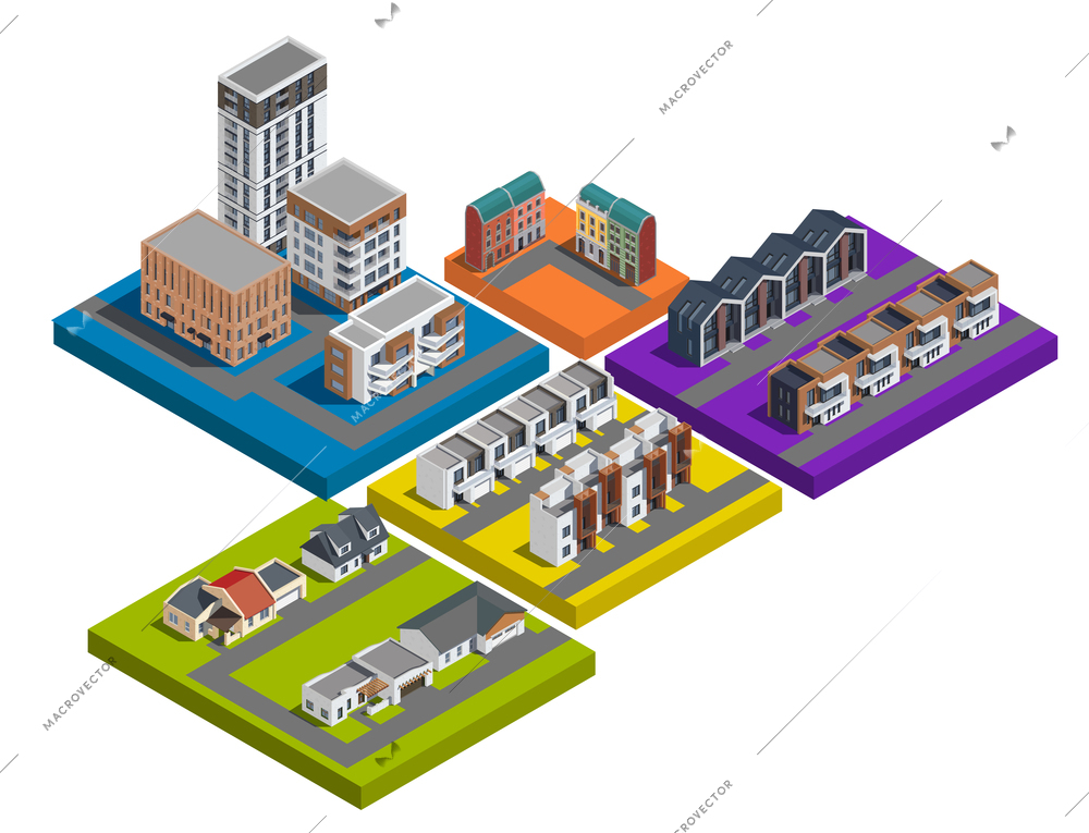 Suburban city buildings isometric set of colourful isolated platforms with low rise apartment and town houses vector illustration