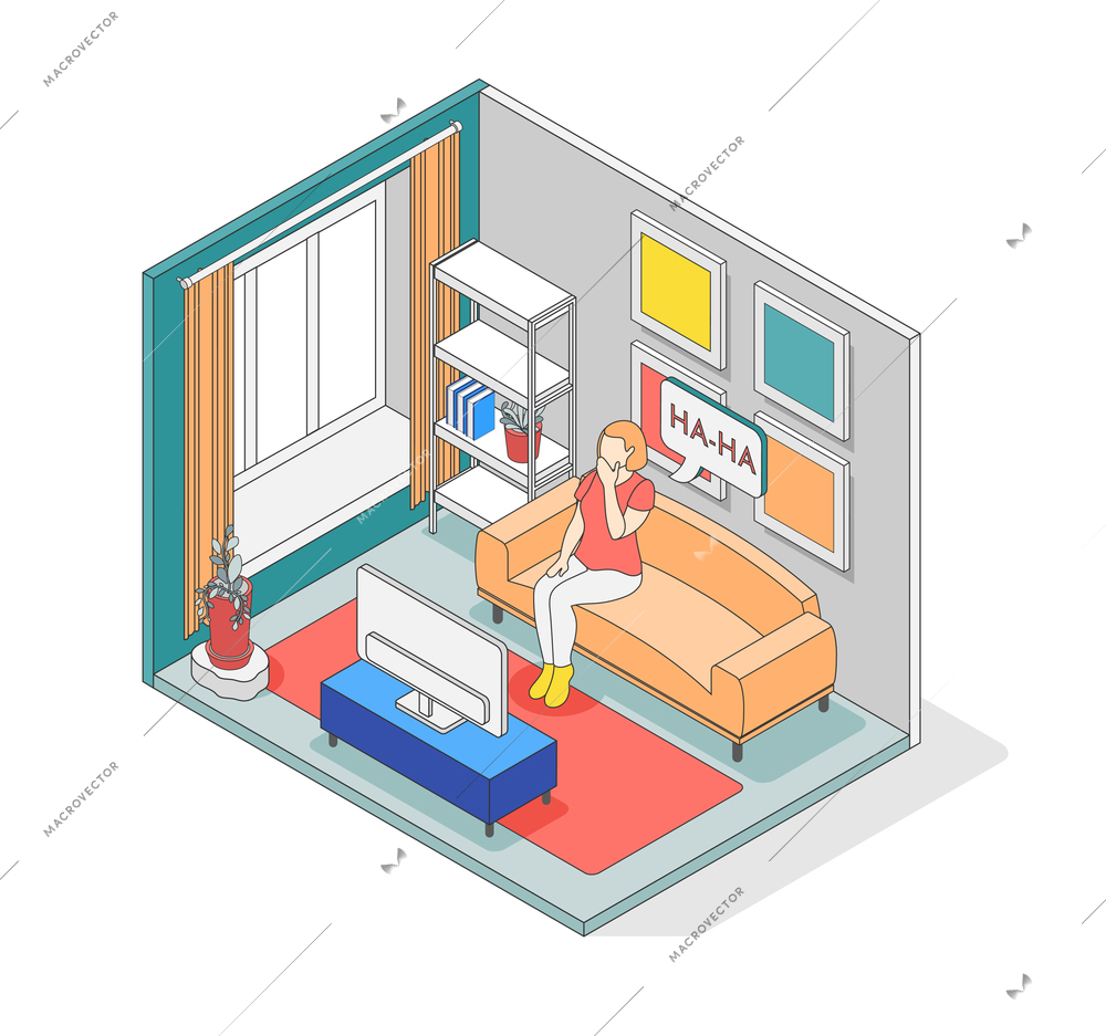 Isolated and isometric self care concept  composition with woman watch tv at home vector illustration