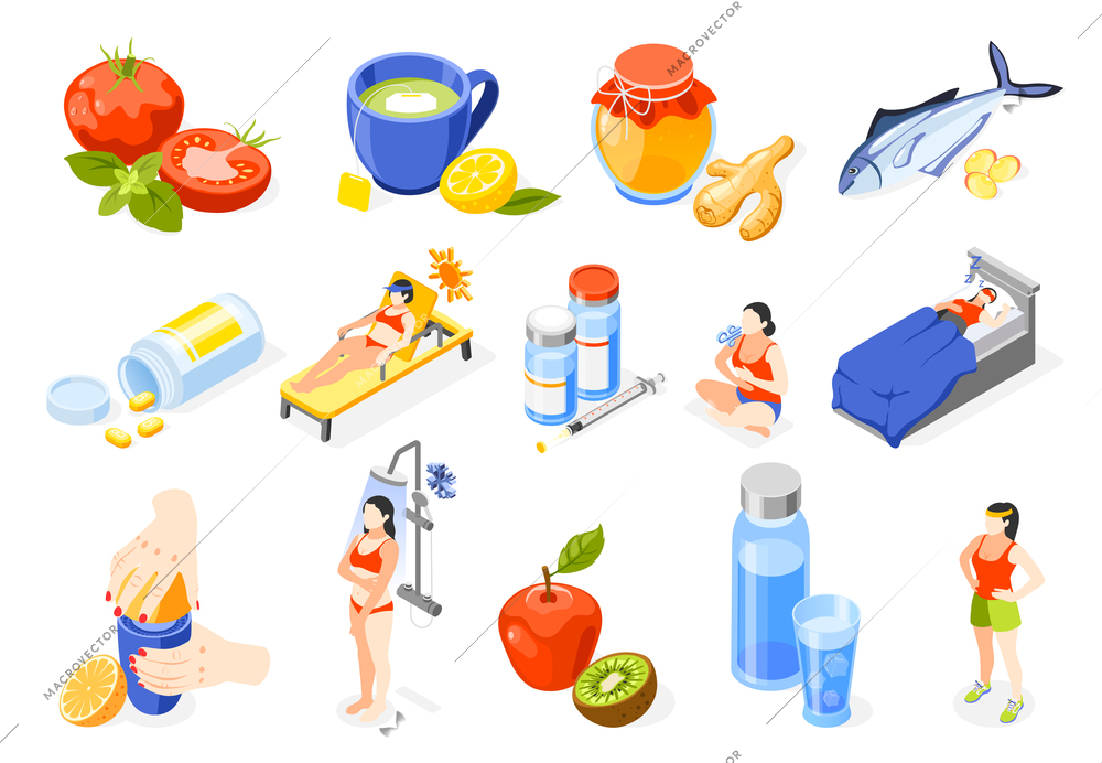 Strengthening immunity isometric icon set life with sports healthy food vitamins medicines vector illustration