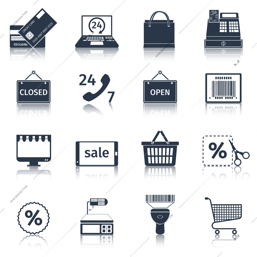 Online shopping e-commerce advertising commercial services black icons set isolated vector illustration