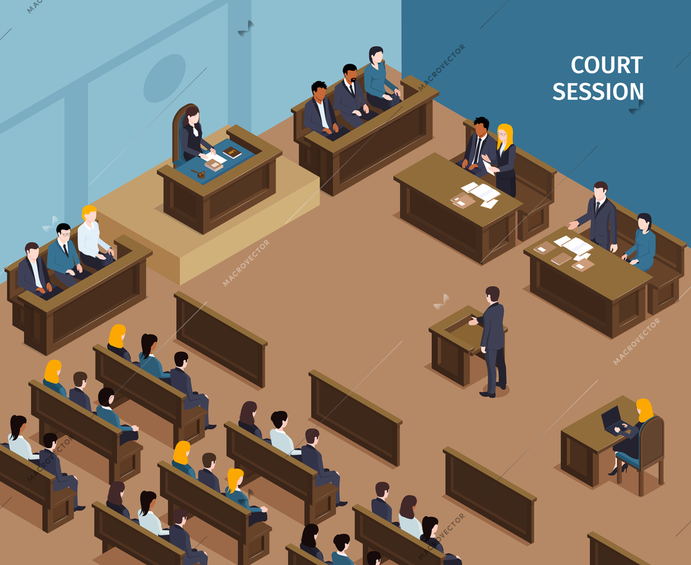 Isometric justice law composition with text and indoor scenery of public hearing in court with people vector illustration