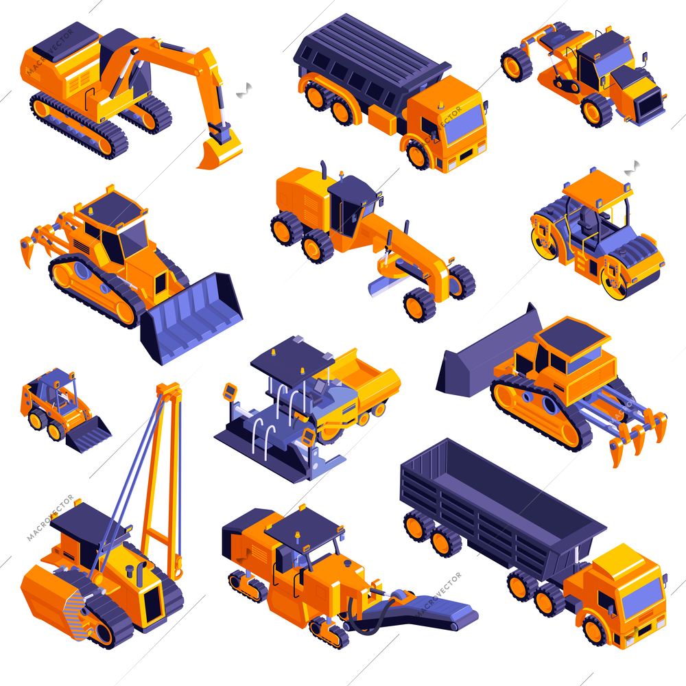 Isometric road construction roller set of isolated machinery icons with images of orange trucks and bulldozers vector illustration