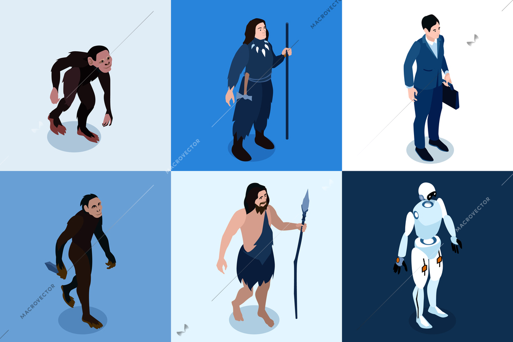 Human evolution isometric square icons set from monkey primate to hi tech robotic character cartoon vector illustration