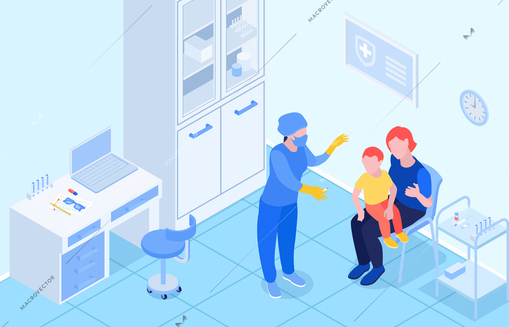 Childhood immunization in medical office isometric vector illustration with nurse vaccinates little baby sitting on mother knees