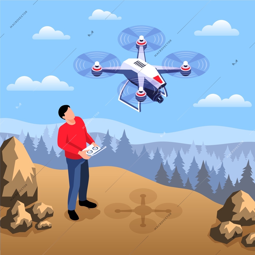 Isometric drone operator composition with wild outdoor landscape and man with remote device and flying quadcopter vector illustration