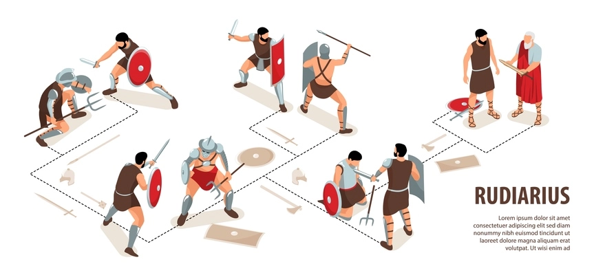 Isometric ancient rome gladiators infographics with editable text and flowchart with human characters of rudiarius warriors vector illustration