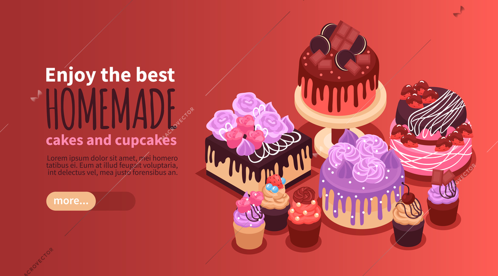 Isometric horizontal banner with delicious homemade cakes and cupcakes 3d vector illustration