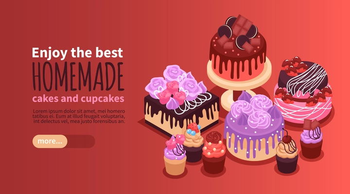 Isometric horizontal banner with delicious homemade cakes and cupcakes 3d vector illustration