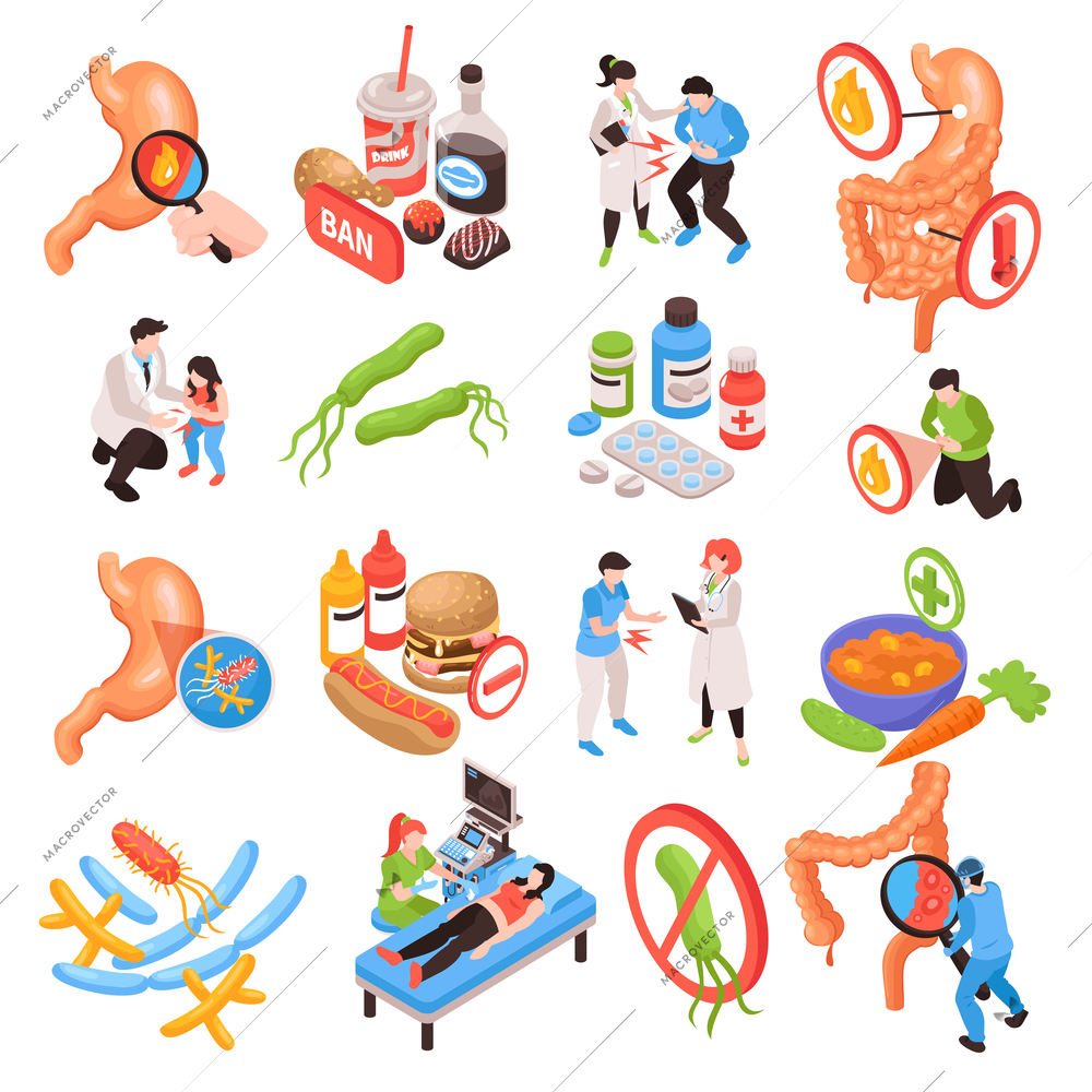 Isometric gastroenterology icons set with gastrointestinal tract organs treatment patients and doctors 3d isolated vector illustration