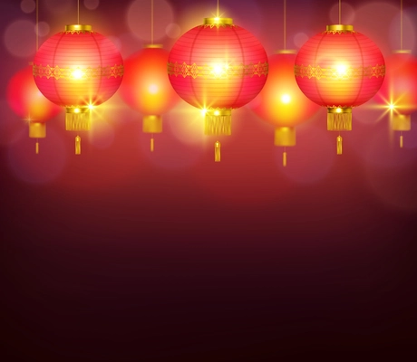 Chinese lanterns burning with bright light and illuminating red background realistic  vector illustration