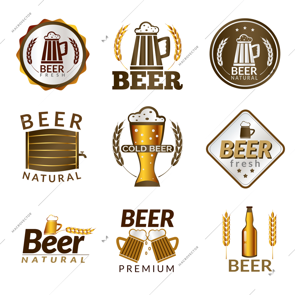 Golden emblems of fresh natural cold premium beer isolated vector illustration