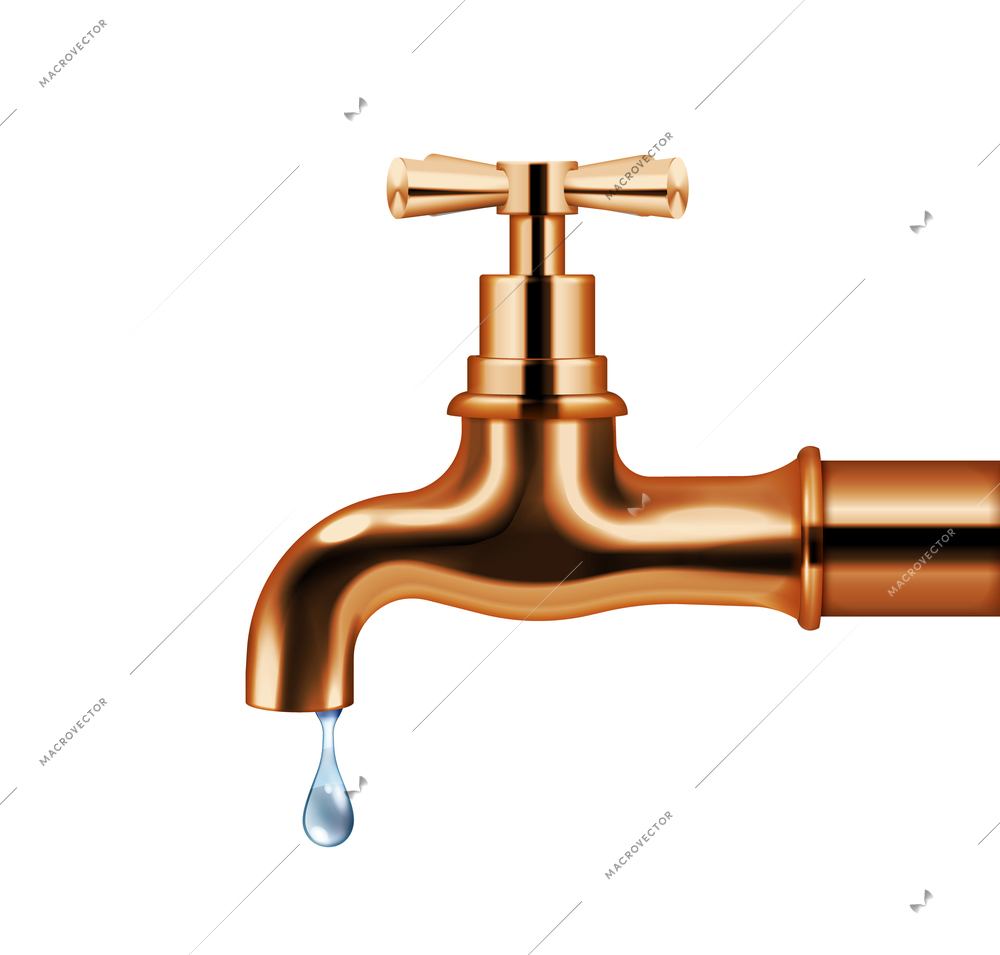 Copper water faucet with dripping water realistic isolated object in retro style isolated vector illustration