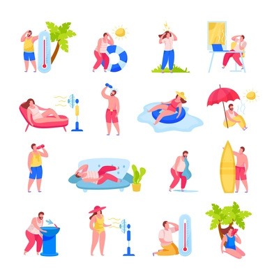 Summertime hot weather heatstroke prevention steps flat icons set with drinking water using fan palm shadow vector illustration