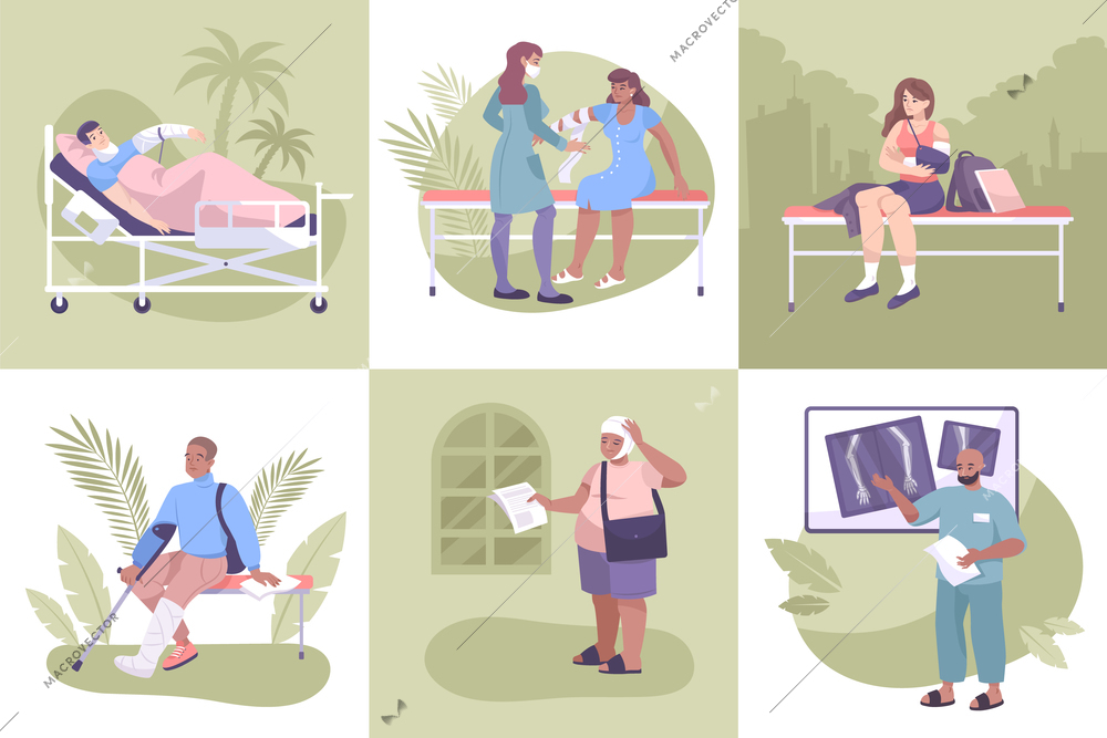 Fracture composition flat icon set patients with broken arms legs sprains and injuries vector illustration