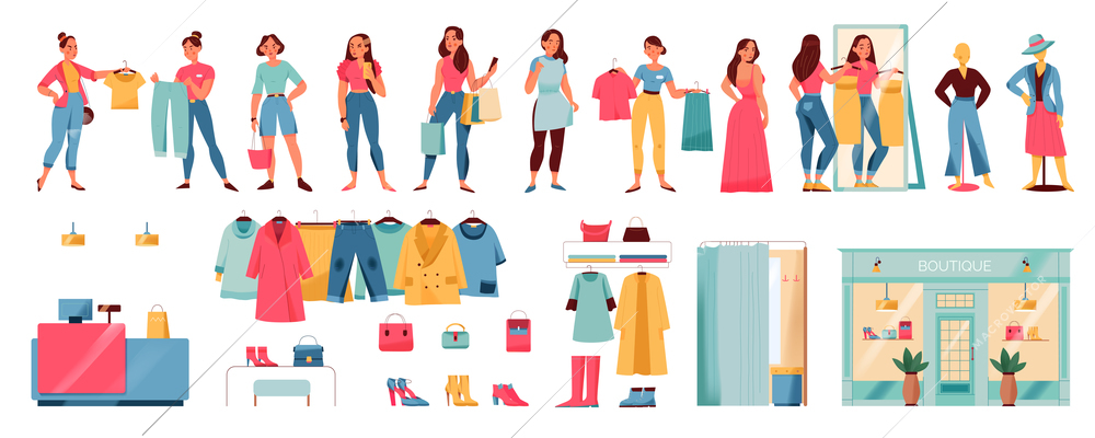 Women in clothing store set with dressing rooms flat isolated vector illustration