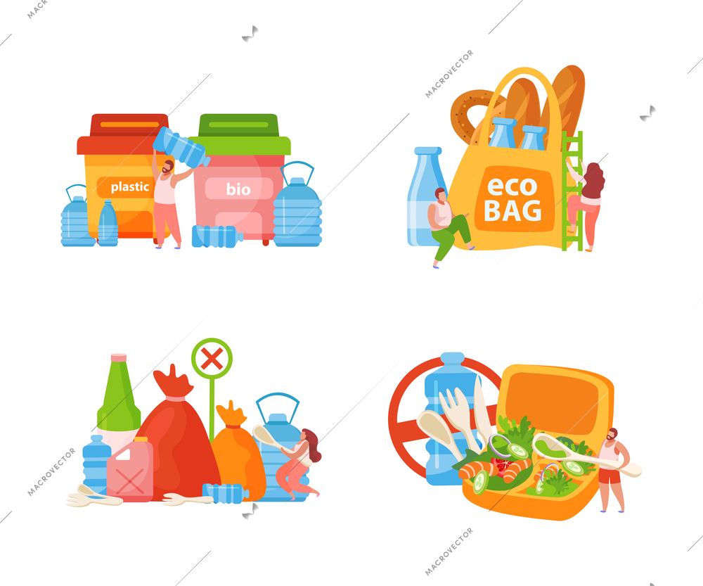Flat Self care concept icon set with bio boxes eco bags and ban on plastic vector illustration