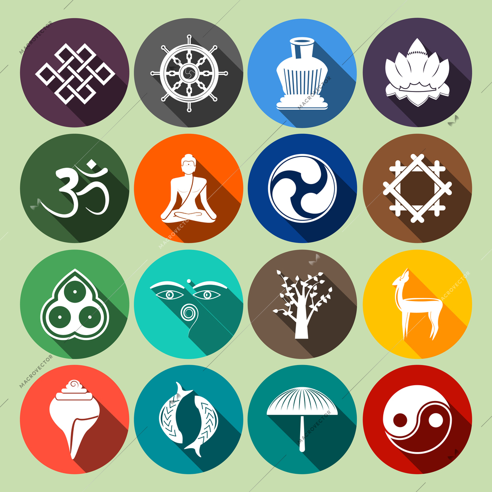 Buddhism yoga oriental traditional spiritual indian symbols icons flat set isolated vector illustration