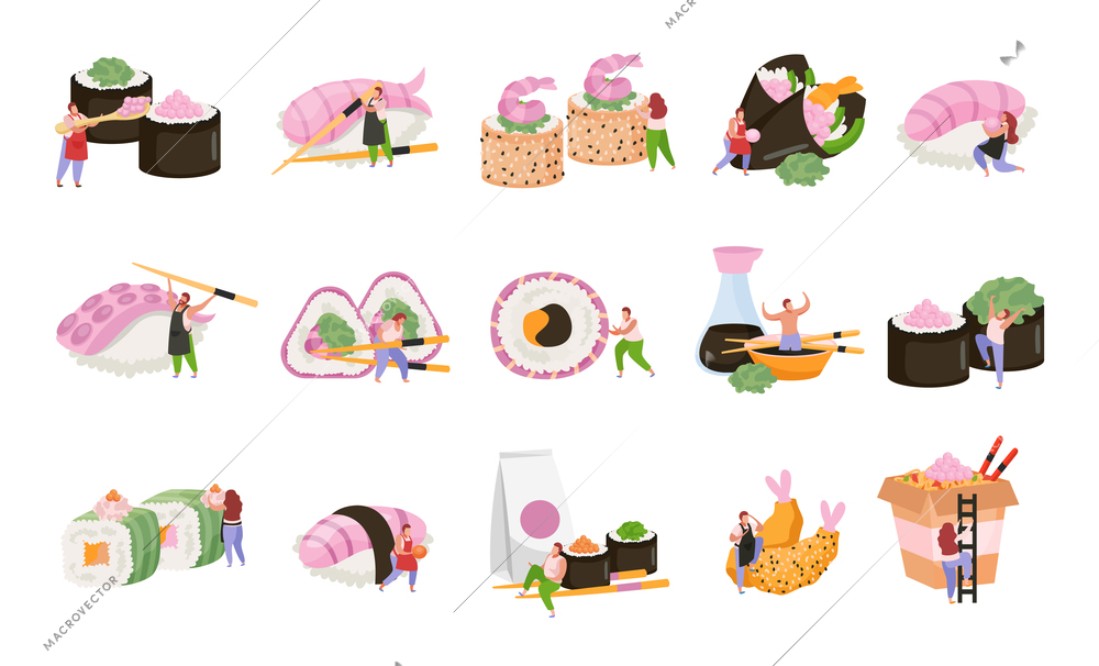 Sushi flat recolor icon set with temaki maki gunkan shrimp sashimi and tempura vector illustration