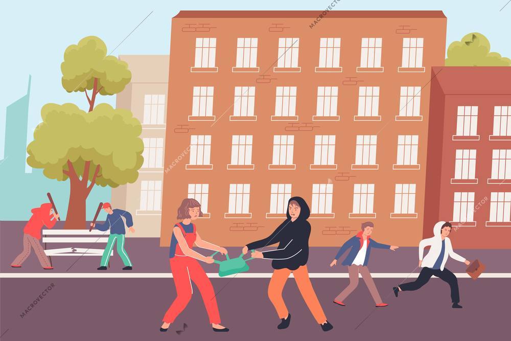 Hooligans flat background with teens stealing bags from city passers by on streets vector illustration