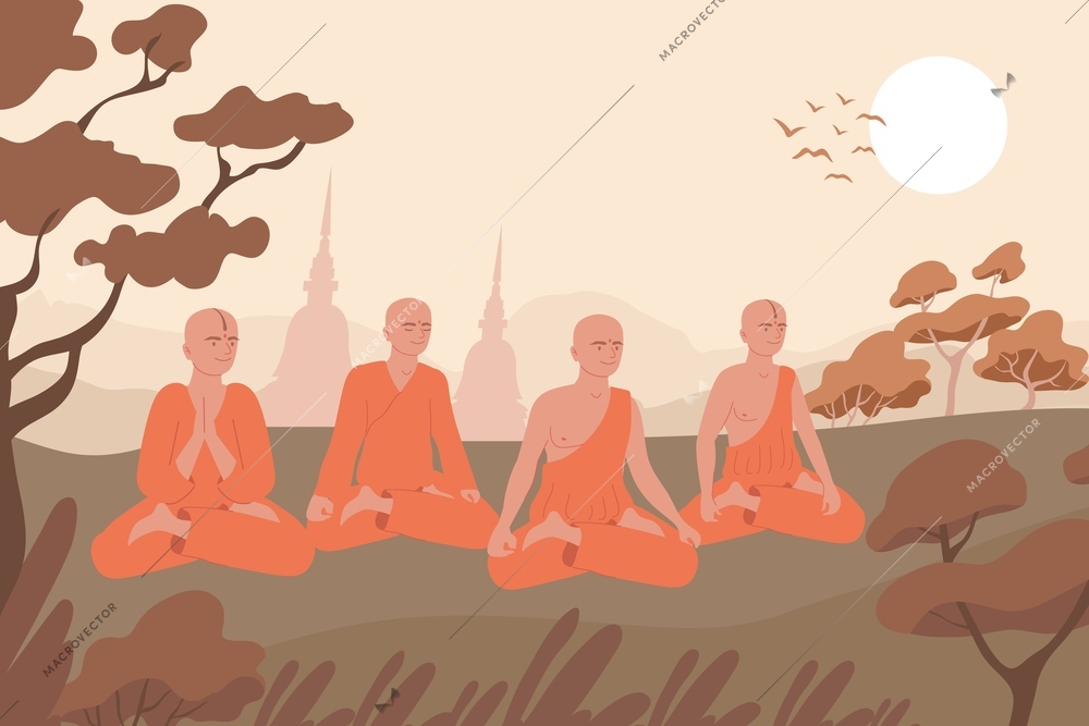 Buddhism religion flat composition with outdoor scenery silhouettes of temple towers and characters of sitting lamas vector illustration