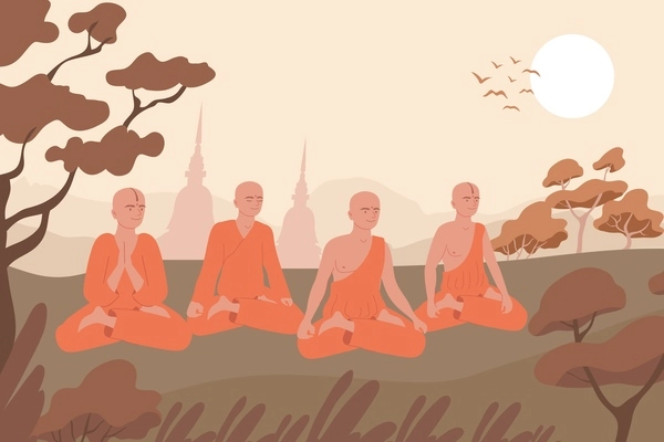 Buddhism religion flat composition with outdoor scenery silhouettes of temple towers and characters of sitting lamas vector illustration