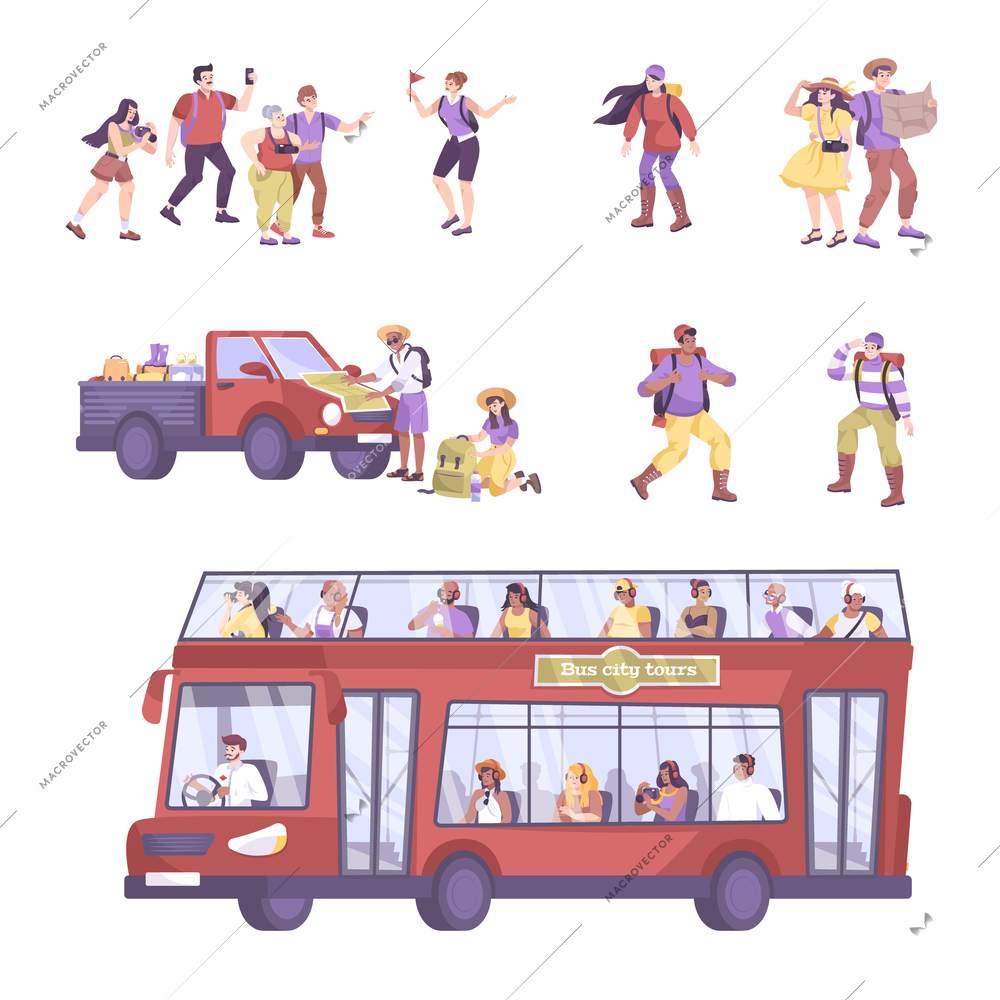 Excursion set with isolated icons and flat characters of tourists with guide and doubledecker sightseeing bus vector illustration