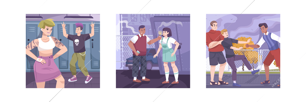 Troubled teens set with square compositions of school and backstreet sceneries with characters of freaky teenagers vector illustration