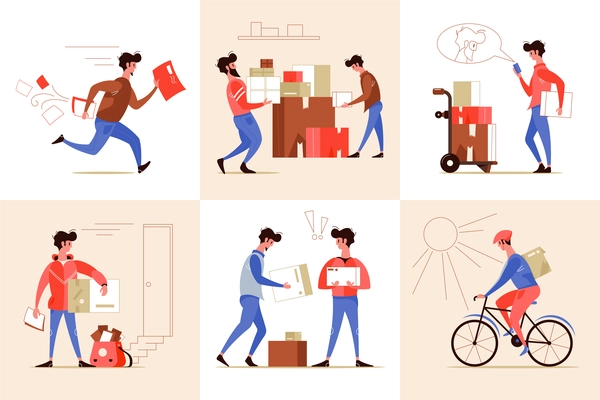 Postal service concept 6 flat compositions with running courier parcels pickup point cycling delivery man vector illustration