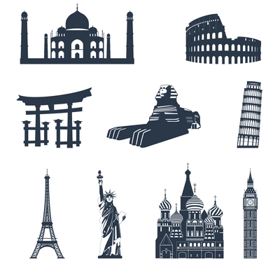 World famous landmarks black icons set of sphinx pisa tower colosseum isolated vector illustration