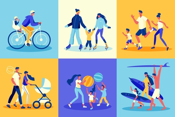 Family active holidays design concept with human characters of children and adults during various sport activities vector illustration