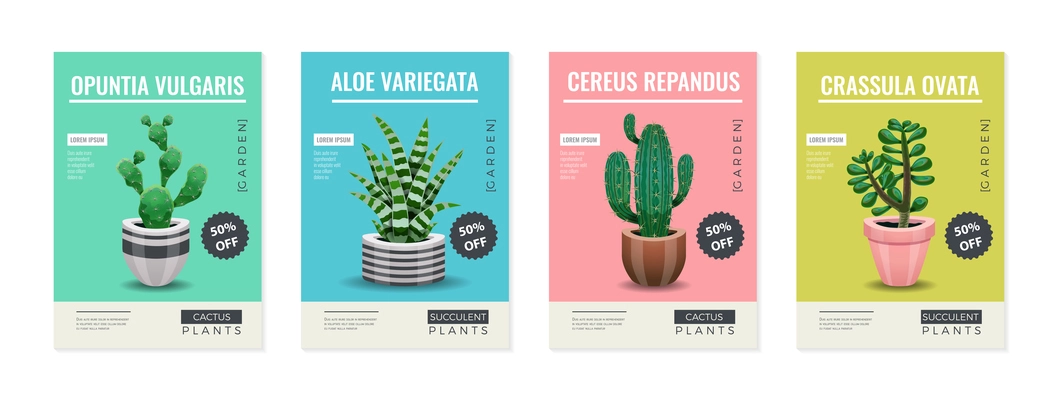 Cactus set of four vertical posters with editable text and images of cactus plants in pots vector illustration