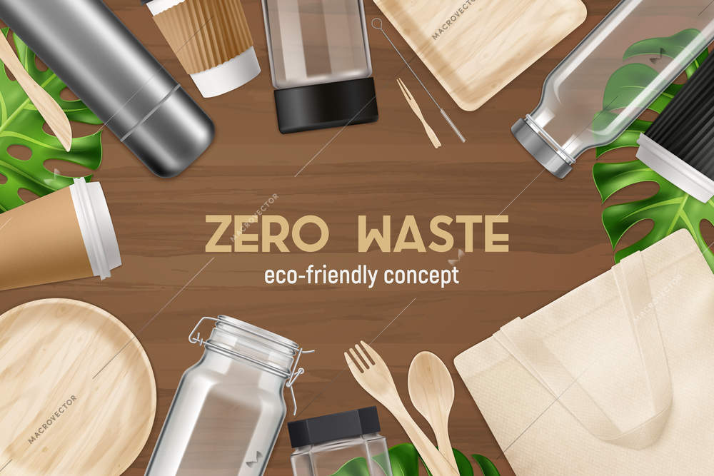 Zero waste recycled reused products eco friendly  realistic background top view image with bamboo plates vector illustration