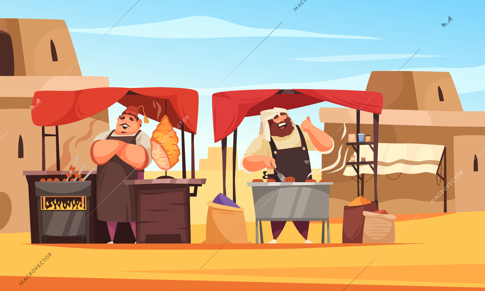 Outdoors eastern market composition with turk and arab standing under neighboring awnings promoting their national dishes cartoon vector illustration