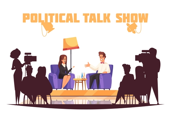 Political talk show tv program with journalist asking questions to politician in front of audience  vector illustration